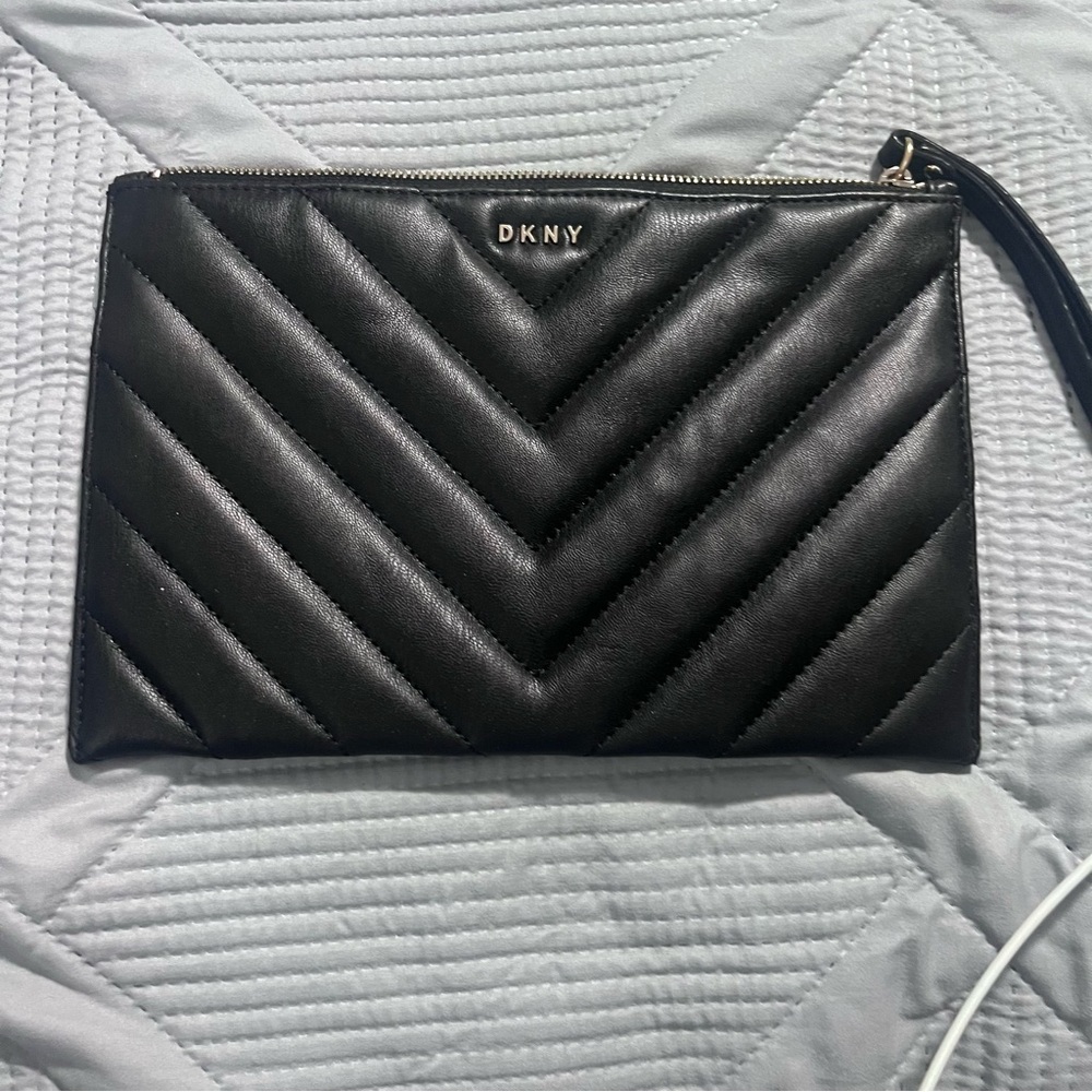 DKNY Black Quilted Leather Wristlet Clutch